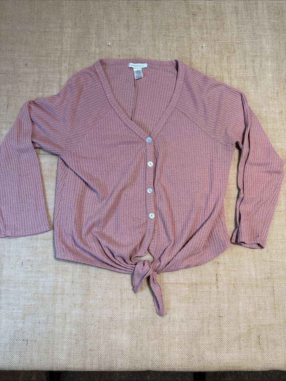 Purple Snow Mauve Knit Button-Front Tie-Hem Top